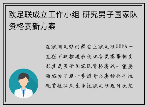 欧足联成立工作小组 研究男子国家队资格赛新方案 欧足联成立工作小组 研究男子国家队资格赛新方案
